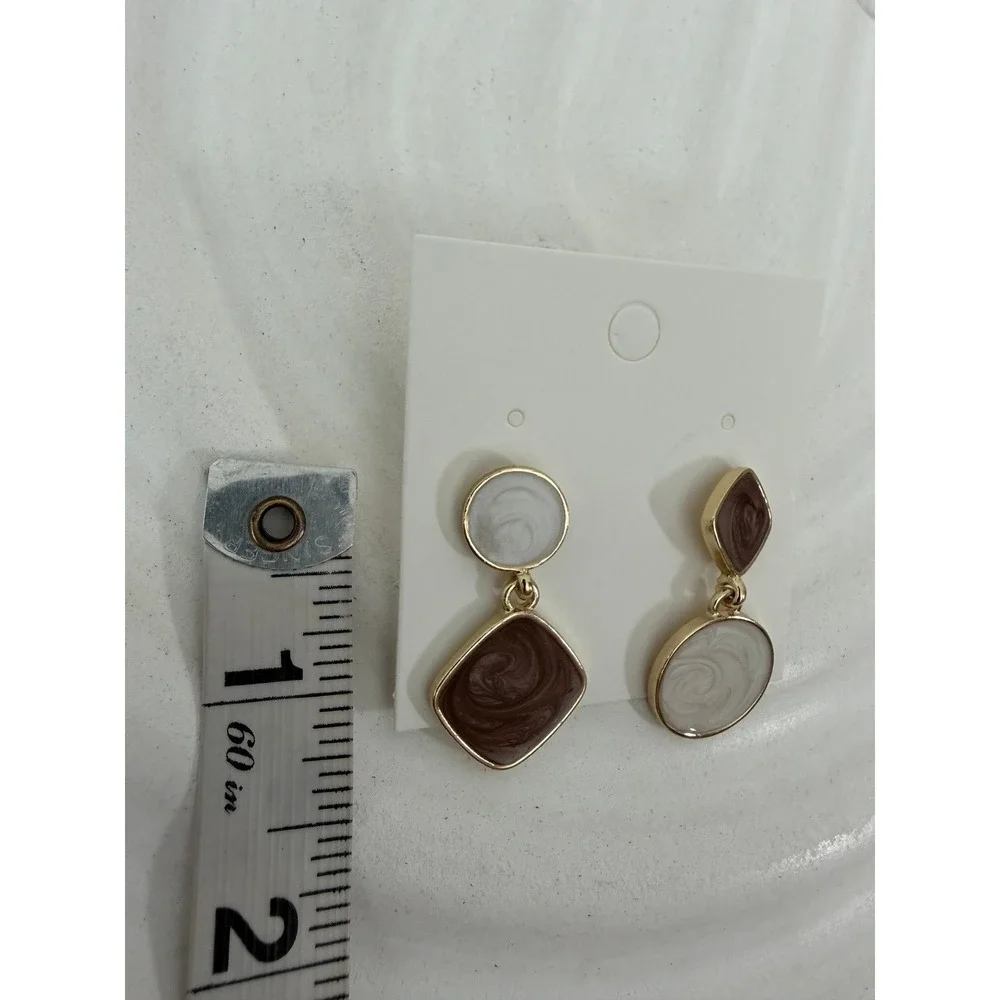 Geometric Enamel Drop Earrings Brown Ivory Gold Tone Statement New